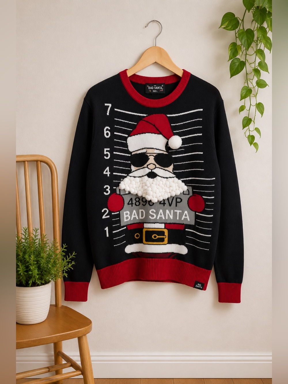 Bad Santa Ugly Christmas Sweater Mug Shot 3D Beard Pompom Graphic Mens Sz L Xmas